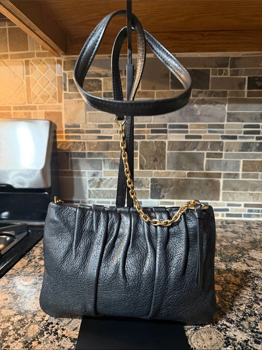 Marc Jacobs Black Leather crossbody Bag with Gold Chain